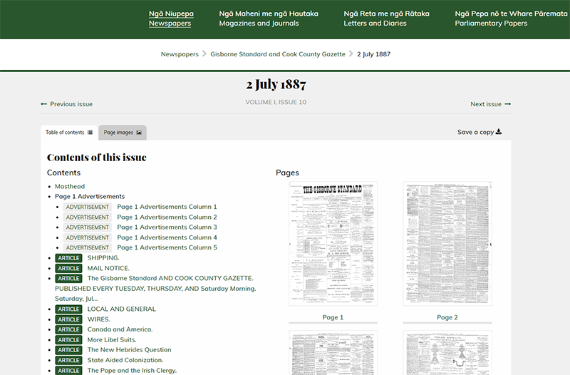 Page with a contents listing of articles on a newspapers page and small images of the newspapers pages.