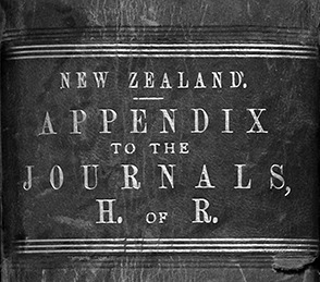 Close up of a historic book spine reading "New Zealand Appendix to the Journals, H. R."