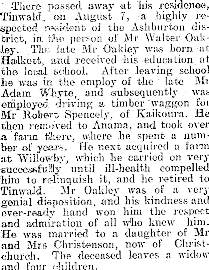 Papers Past | Newspapers | Ashburton Guardian | 13 August 1919 | MR WALTER  OAKLEY.