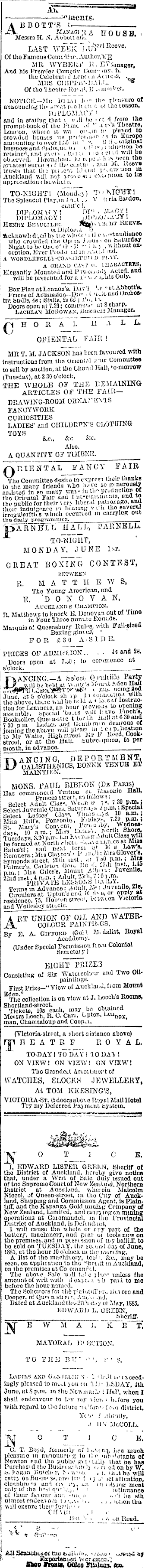 Papers Past Newspapers Auckland Star 1 June 1885 Page 1 Advertisements Column 9