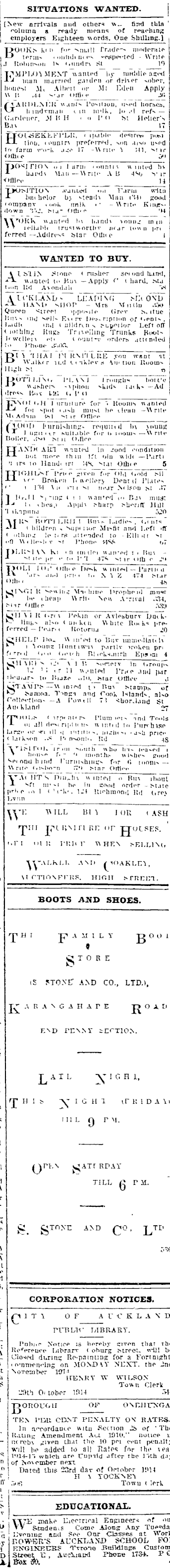 Papers Past Newspapers Auckland Star 30 October 1914 Page 1 Advertisements Column 6