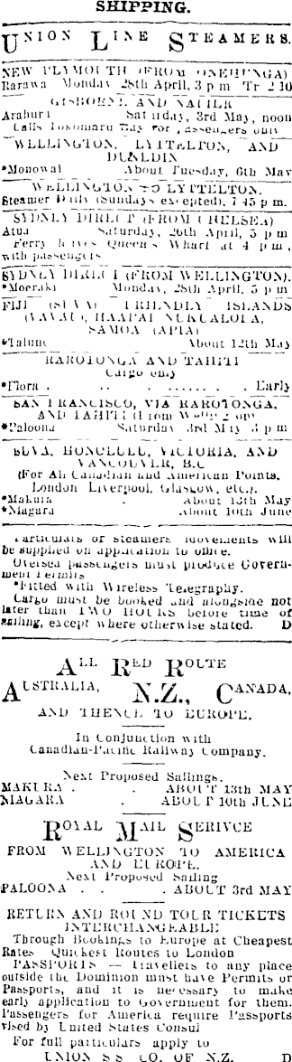 Papers Past Newspapers Auckland Star 26 April 1919 Page 1 Advertisements Column 1