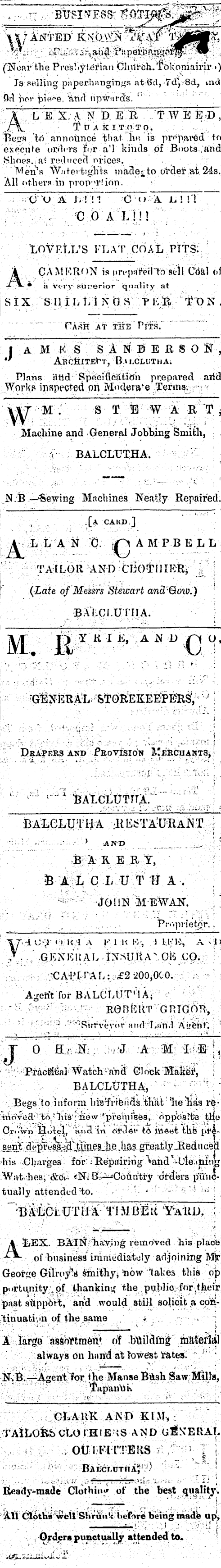 Papers Past Newspapers Bruce Herald December 1871 Page 1 Advertisements Column 4