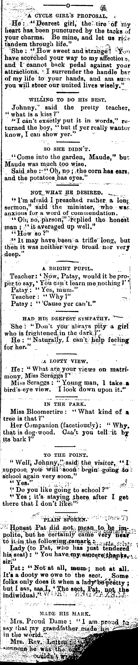 hane Billedhugger majs Papers Past | Newspapers | Bruce Herald | 19 April 1898 | FUNNIOSITIES