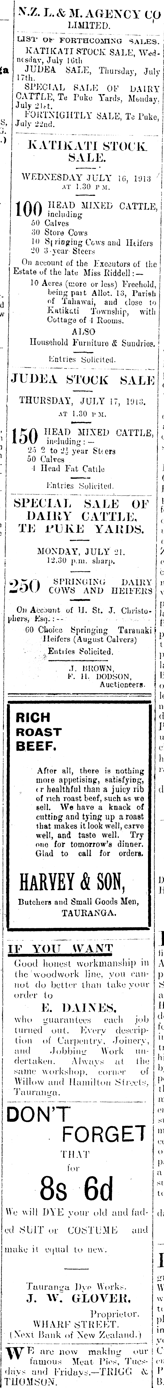 Papers Past Newspapers Bay Of Plenty Times 14 July 1913 Page 1 Advertisements Column 3