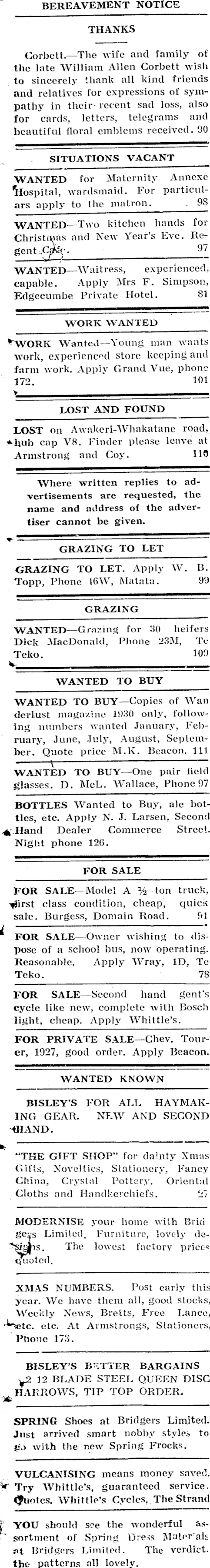 Papers Past | Newspapers | Bay of Plenty Beacon | 18 December 1939 | Page 1  Advertisements Column 1