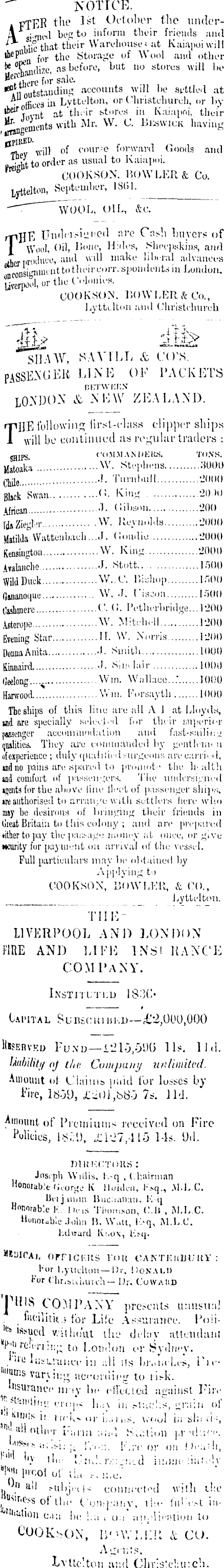 Papers Past Newspapers Press 6 September 1862 Page 9 Advertisements Column 1