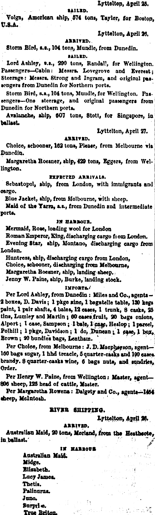 Papers Past | Newspapers | Press | 28 April 1863 | Shipping.