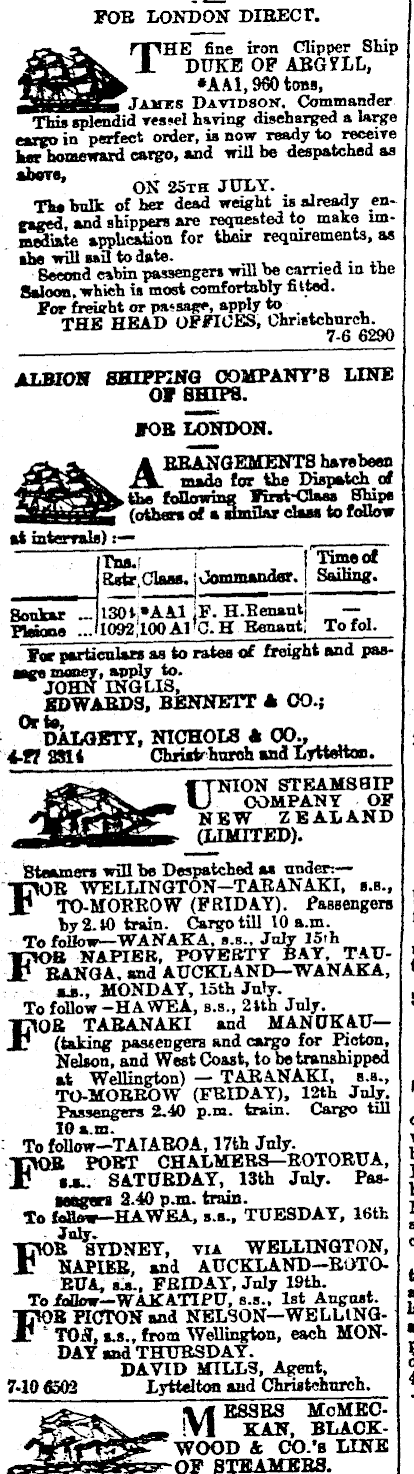 Papers Past Newspapers Press 11 July 1878 Page 1 Advertisements Column 1