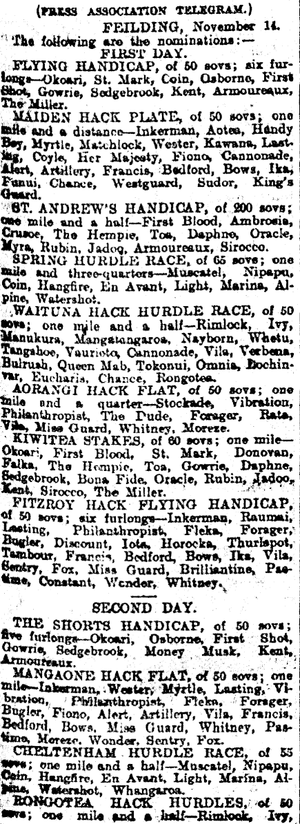 Papers Past | Newspapers | Press | 15 November 1899 | FEILDING JOCKEY CLUB'S  SPRING MEETING.