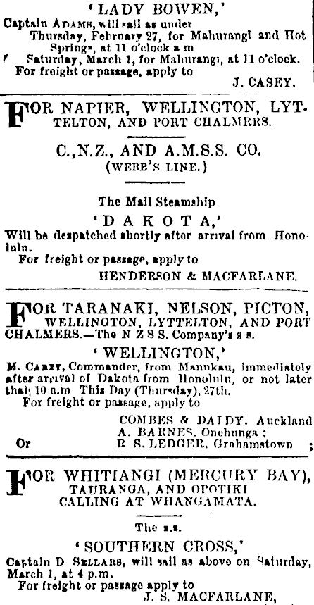 Papers Past Newspapers Daily Southern Cross 27 February 1873 Page 1 Advertisements Column 1