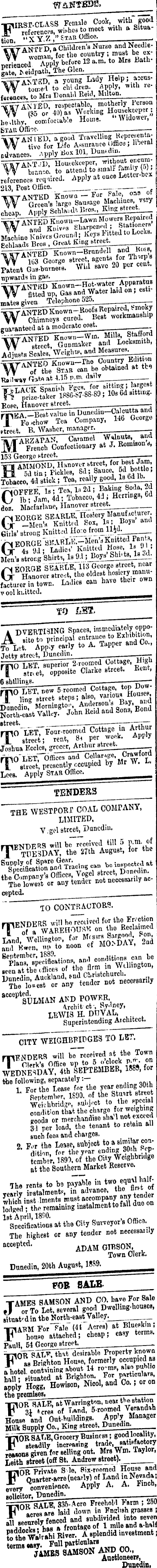 Papers Past Newspapers Evening Star 26 August 1889 Page 1 Advertisements Column 1