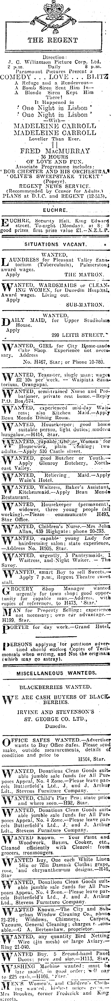 Papers Past Newspapers Evening Star 30 March 1942 Page 1 Advertisements Column 8