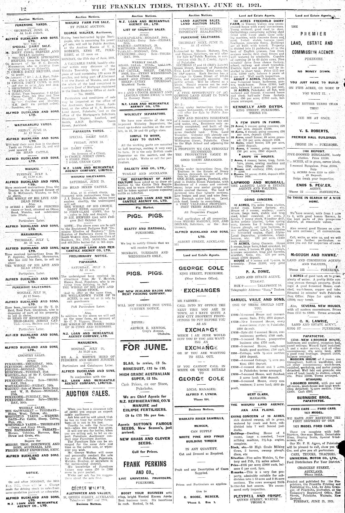 Papers Past Newspapers Franklin Times 21 June 1921 Page 12