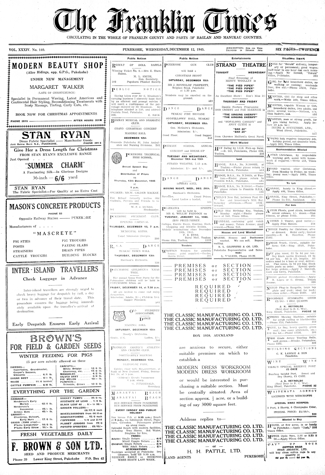 Papers Past Newspapers Franklin Times 12 December 1945 Page 1