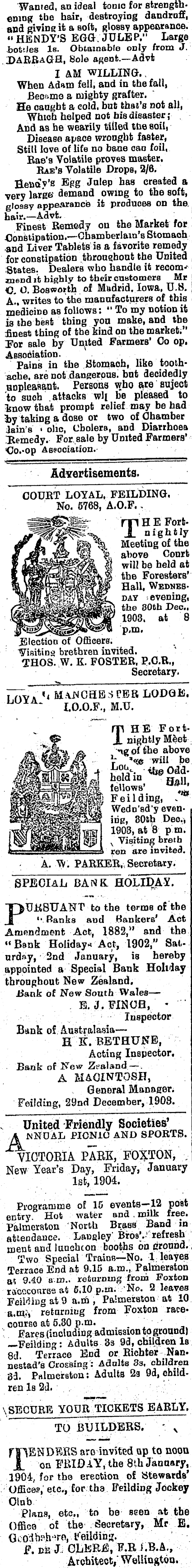 Papers Past Newspapers Feilding Star 30 December 1903 Page 3 Advertisements Column 1