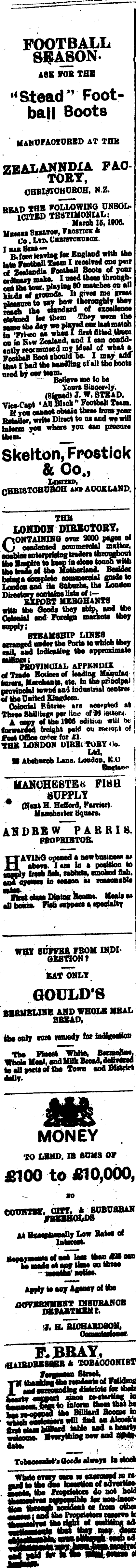 Papers Past | Newspapers | Feilding Star | 21 May 1906 | Page 1  Advertisements Column 1