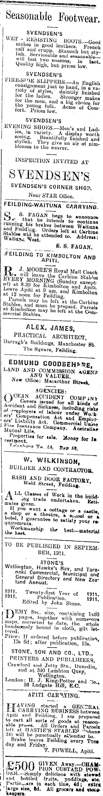 Papers Past Newspapers Feilding Star 10 June 1911 Page 1 Advertisements Column 6