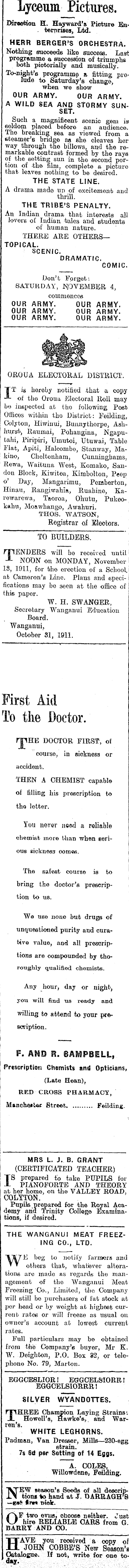 Papers Past Newspapers Feilding Star 1 November 1911 Page 3 Advertisements Column 4