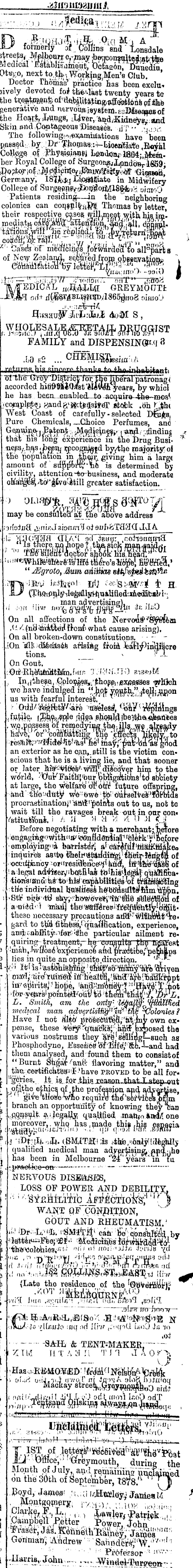 Papers Past Newspapers Grey River Argus 14 February 1879 Page 4 Advertisements Column 6