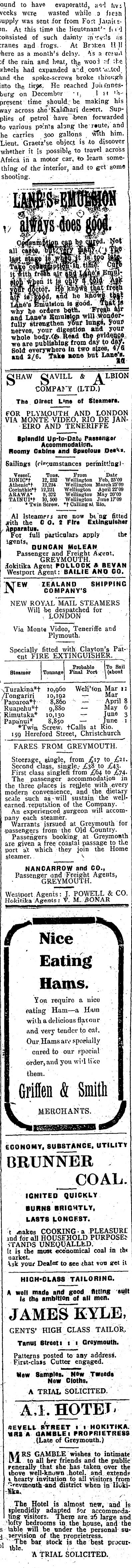 Papers Past Newspapers Grey River Argus 12 March 1909 Page 1 Advertisements Column 5