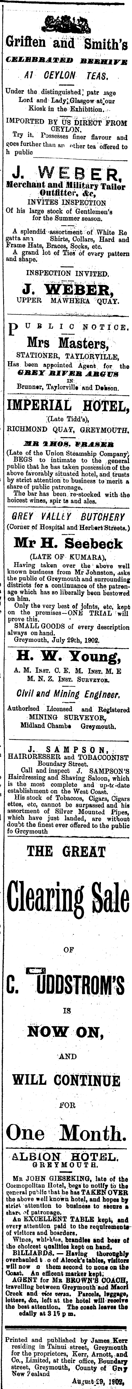 Papers Past Newspapers Grey River Argus 29 August 1902 Page 4 Advertisements Column 6