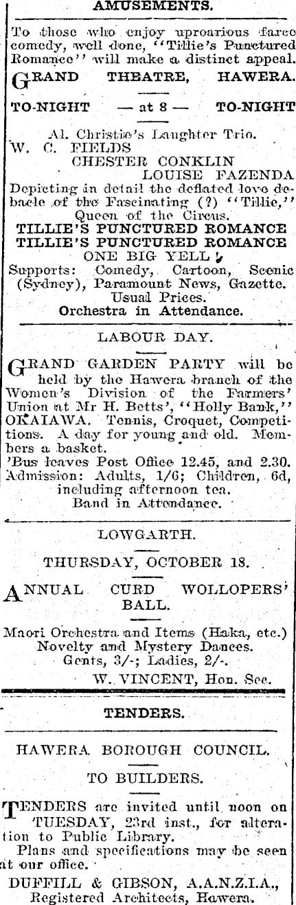 Papers Past | Newspapers | Hawera Star | 17 October 1928 | Page 1  Advertisements Column 5