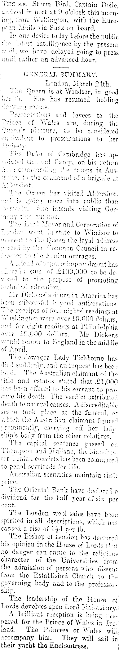 Papers Past | Newspapers | Hawke's Bay Times | 25 May 1868 | ARRIVAL OF THE  ENGLISH MAIL VIA SUEZ.