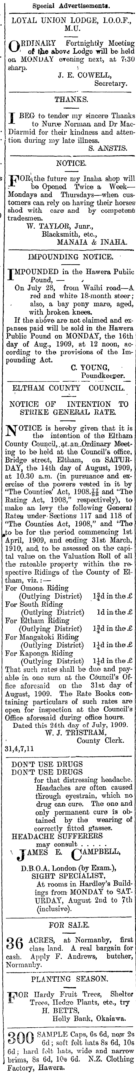 Papers Past Newspapers Hawera Normanby Star 7 August 1909 Page 1 Advertisements Column 2