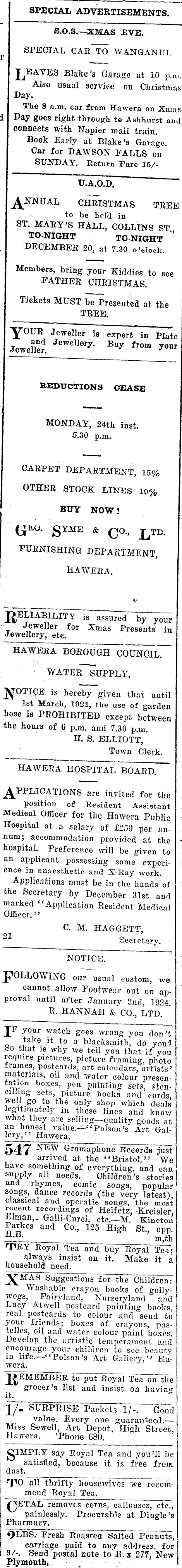 Papers Past Newspapers Hawera Normanby Star December 1923 Page 1 Advertisements Column 5