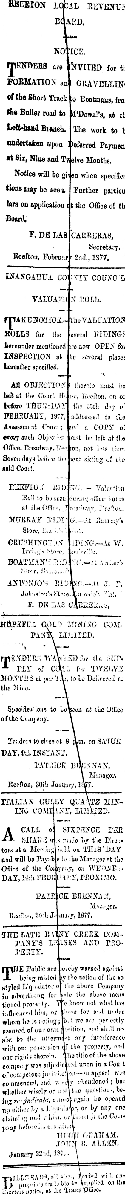 Papers Past Newspapers Inangahua Times 5 February 1877 Page 3 Advertisements Column 1