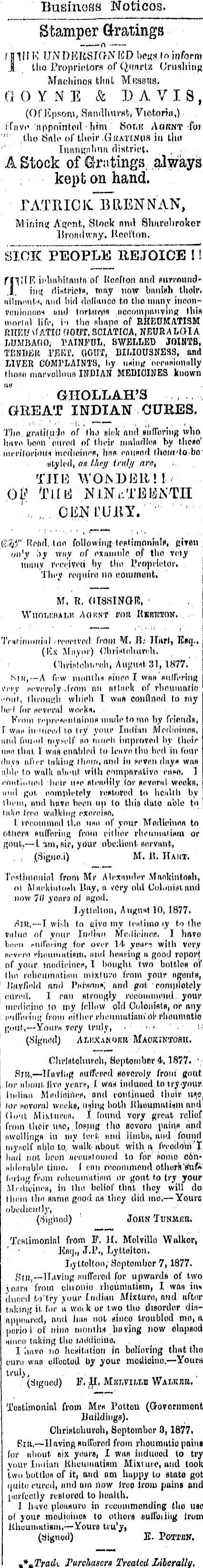 Papers Past Newspapers Inangahua Times 12 June 1878 Page 1 Advertisements Column 2