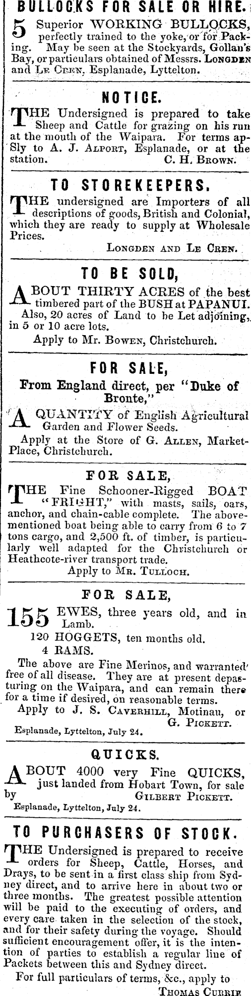 Papers Past Newspapers Lyttelton Times 2 August 1851 Page 1 Advertisements Column 3