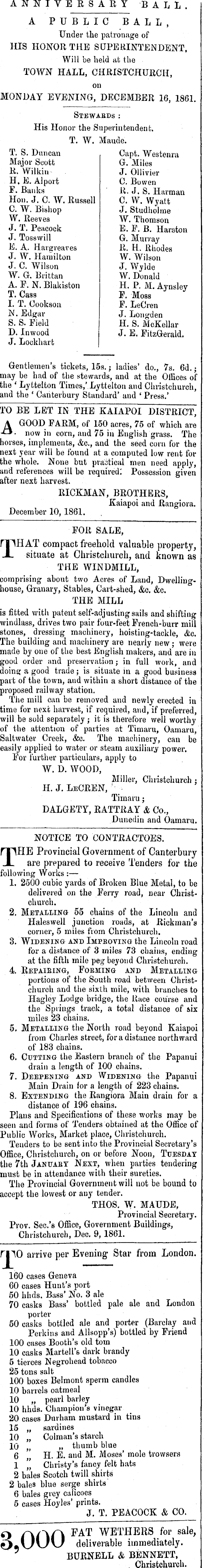 Papers Past | Newspapers | Lyttelton Times | 11 December 1861 | Page 5  Advertisements Column 2