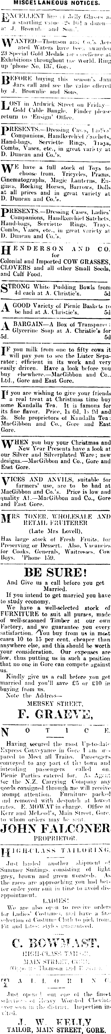 Papers Past Newspapers Mataura Ensign 14 January 1911 Page 1 Advertisements Column 6