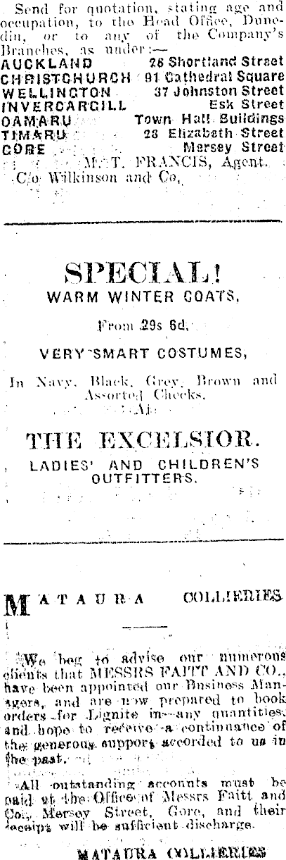 Papers Past Newspapers Mataura Ensign 3 June 1916 Page 1 Advertisements Column 5