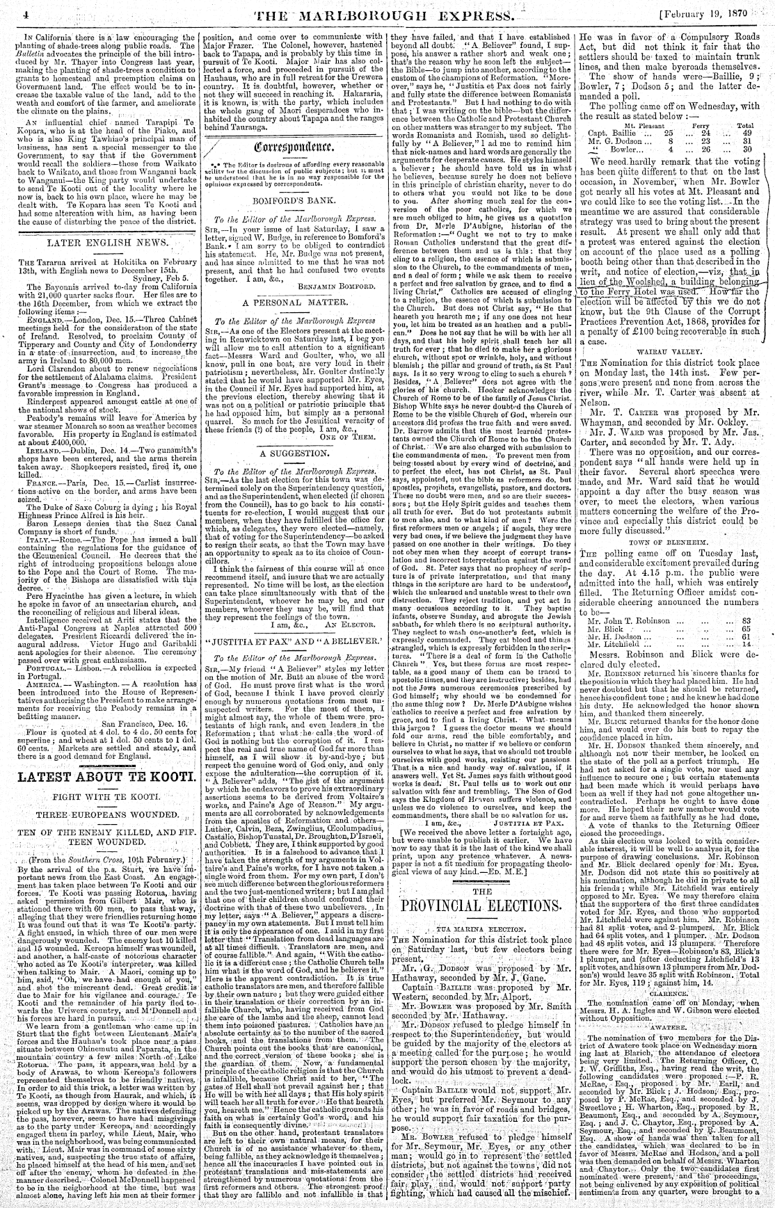 Papers Past | Newspapers | Marlborough Express | 19 February 1870 | Page 4