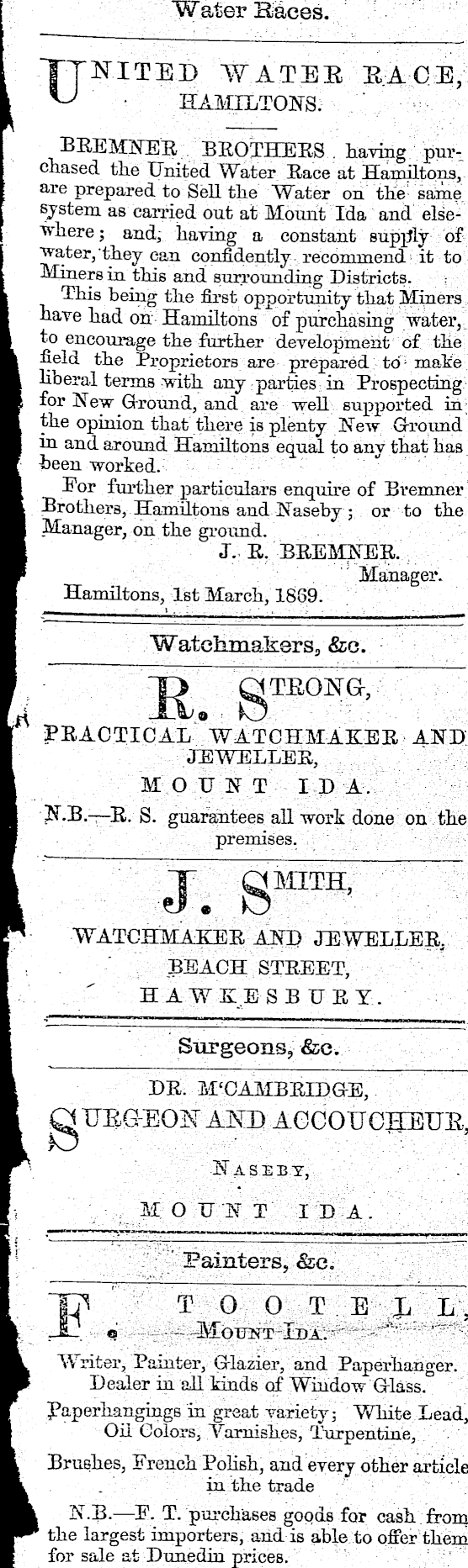 Papers Past Newspapers Mount Ida Chronicle 25 June 1869 Page 1 Advertisements Column 1