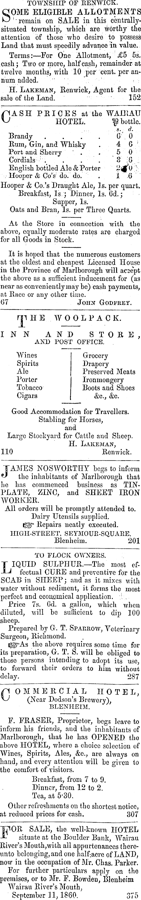 Papers Past | Newspapers | Marlborough Press | 6 October 1860 | Page 1  Advertisements Column 4