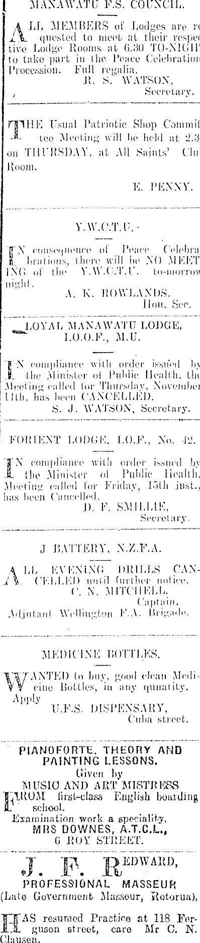 Papers Past Newspapers Manawatu Standard 13 November 1918 Page 1 Advertisements Column 3