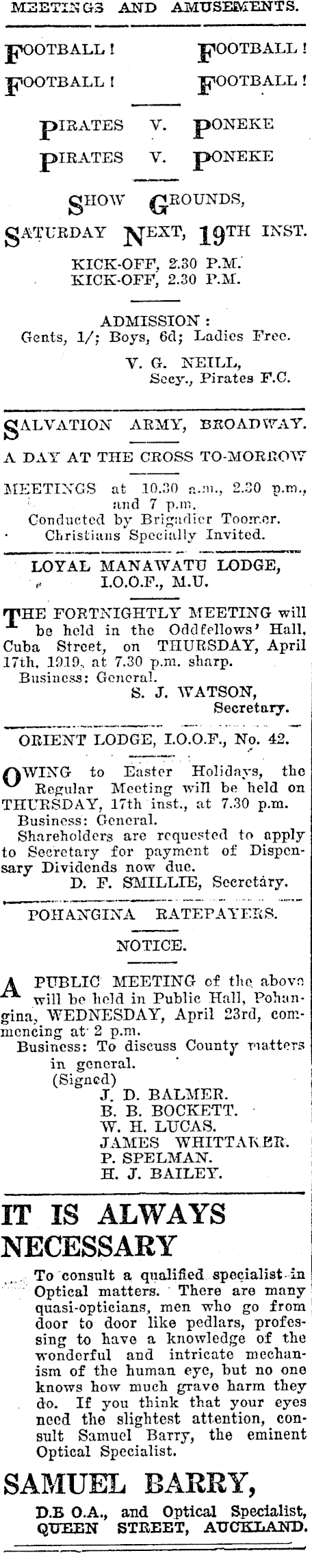 Papers Past Newspapers Manawatu Times 17 April 1919 Page 1 Advertisements Column 2