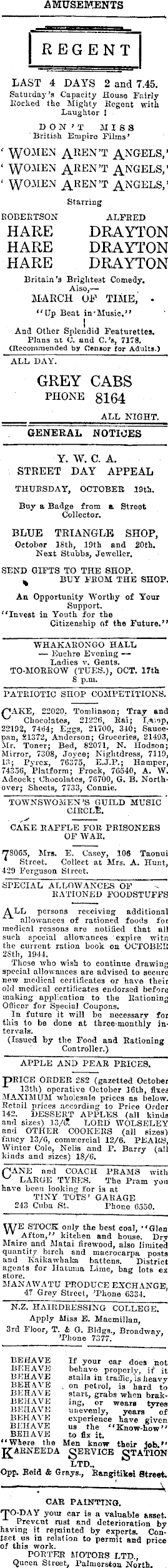 Papers Past Newspapers Manawatu Times 16 October 1944 Page 1 Advertisements Column 3