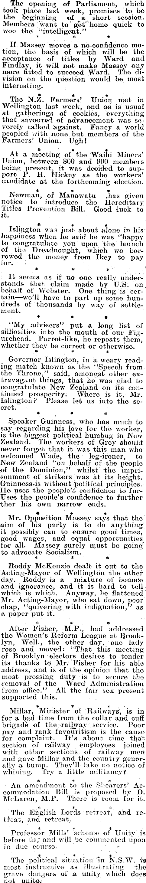 Papers Past | Newspapers | Maoriland Worker | 4 August 1911 | Political  Pellets.