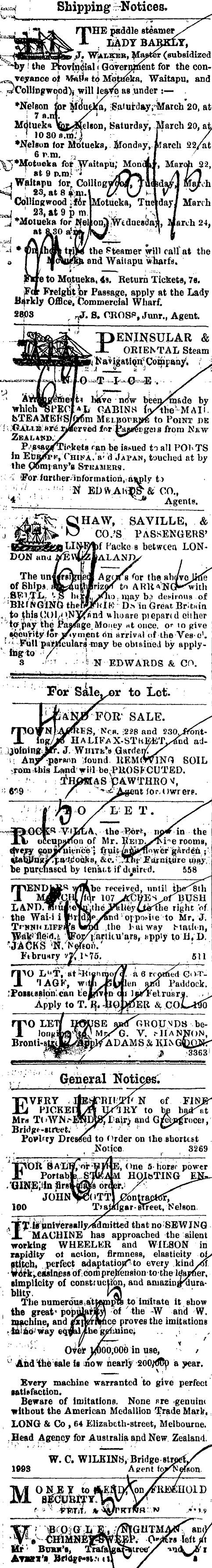 Papers Past Newspapers Nelson Evening Mail 19 March 1875 Page 1 Advertisements Column 1