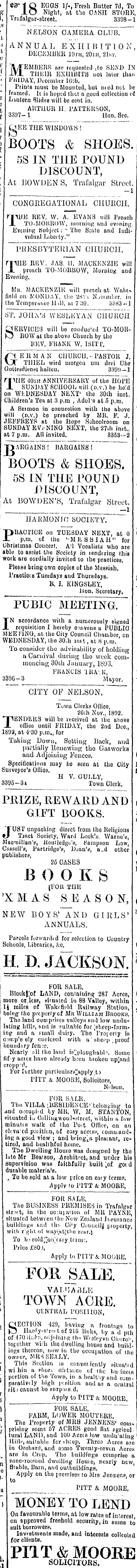 Papers Past | Newspapers | Nelson Evening Mail | 26 November 1892 | Page 3  Advertisements Column 2