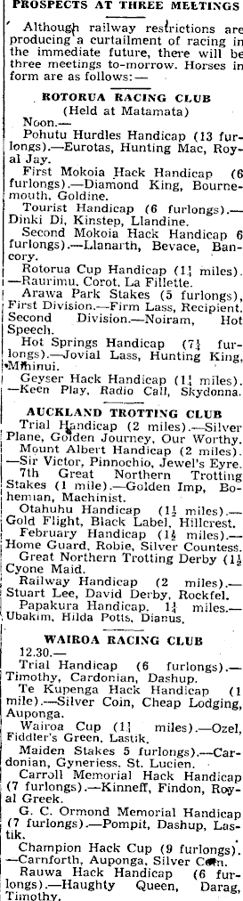 Papers Past | Newspapers | Nelson Evening Mail | 11 February 1944 |  TO-MORROW'S RACING