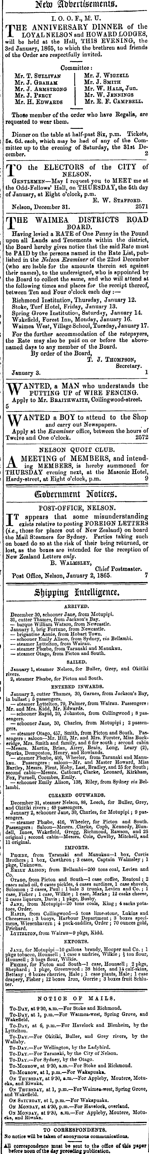 Papers Past Newspapers Nelson Examiner And New Zealand Chronicle 3 January 1865 Page 2 Advertisements Column 2