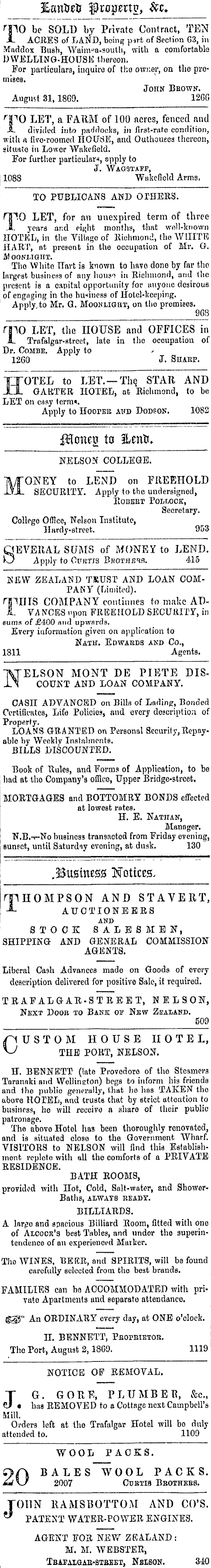 Papers Past Newspapers Nelson Examiner And New Zealand Chronicle 15 September 1869 Page 1 Advertisements Column 2