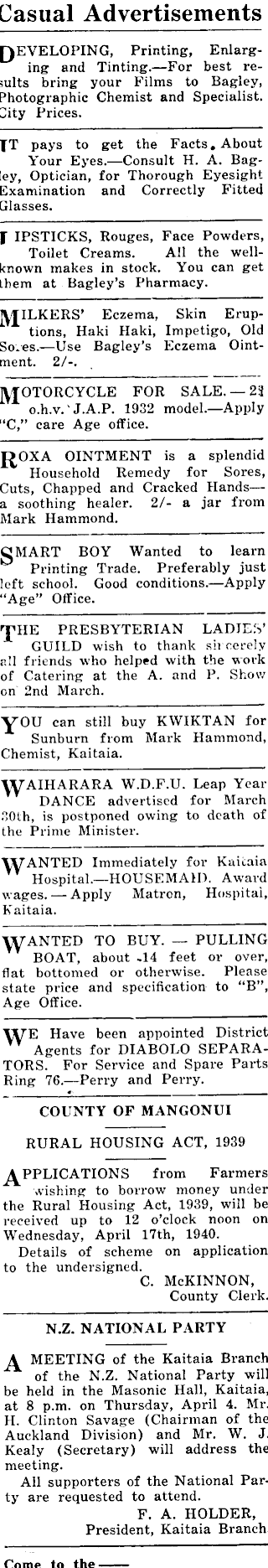 Papers Past Newspapers Northland Age 29 March 1940 Page 4 Advertisements Column 2