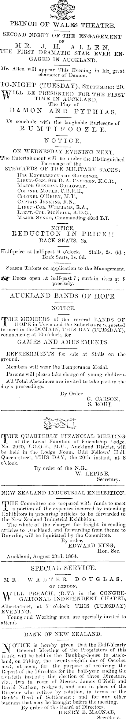 Papers Past Newspapers New Zealand Herald September 1864 Page 1 Advertisements Column 5